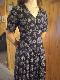 Vintage Long Black Floral Button Down Dress