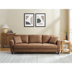86.5“ Mid-Century Modern Faux Leather Rolled Arm Couch ,3 Seater Sofa 
