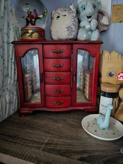 Red Wooden Jewelry Armoire with Glass Doors