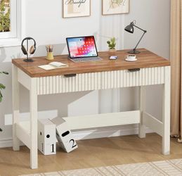 32 Inch Small Fluted Computer Desk with 2 Drawers ,Brown & White