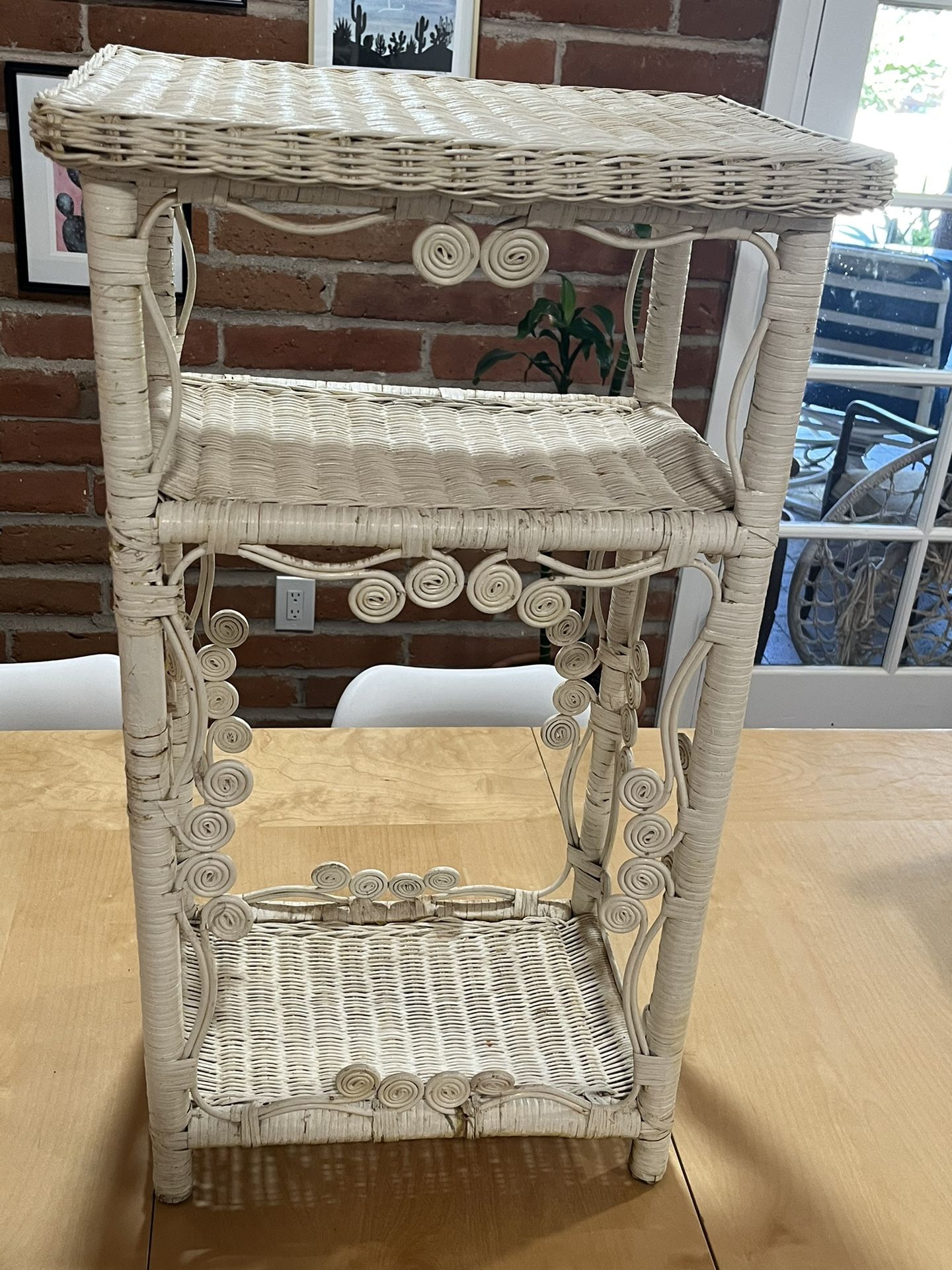 Antique White Wicker Rattan 3 Tier Shelf Unit