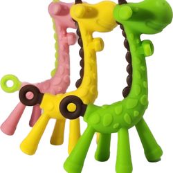 SKYLU 3 PACK SILICONE GIRAFFE BABY TEETHER TOY, SOFT & TEXTURED SORE GUMS PAIN RELIEF FOR NEWBORN, INFANT, 3 MONTHS+, BPA FREE