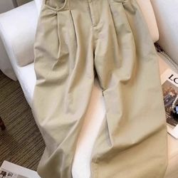 Khaki-colored denim casual pants for children, 2025 new style, best-selling item, petite size, summer lightweight high-waisted wide-leg pants
