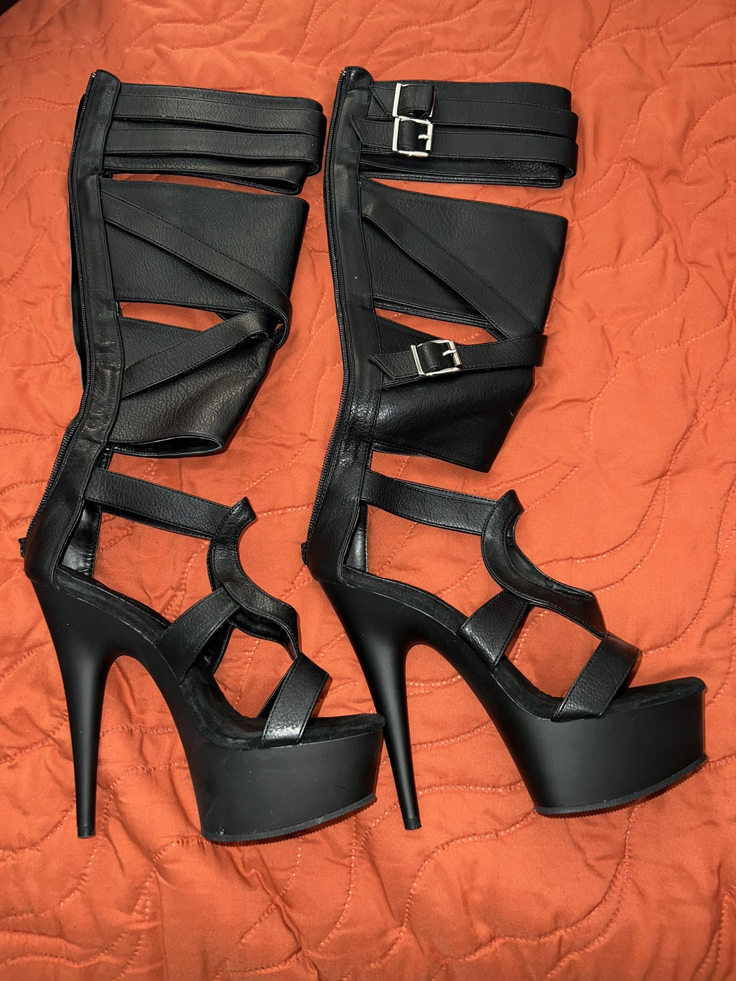 7” Stiletto Heels, Open Toe Thigh High Boots Black Str Faux Leather/Black Matte Size 7 Pleaser 