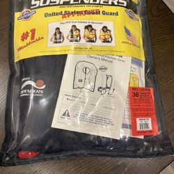 Vintage SOSPENDERS Inflatable PFD LIFE JACKET Model 38ASTD. COLOR NAVY. Size Adults over 80lbs. Chest 30-52”