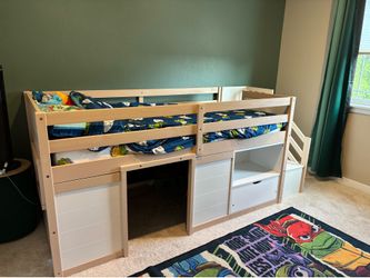 Wood Twin Size Low Loft Bed with Playhouse Loft Bed Frame with Drawer