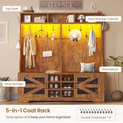 Hall Tree with Bench and Shoe Storage, 5-in-1 Entryway Bench with Coat Rack, (Rustic Brown) D-10