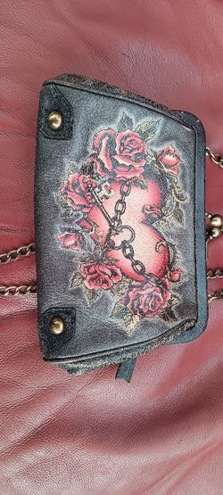 Isabella Fiore Heart In Chains Distressed Leather Clutch Shoulder Bag roses