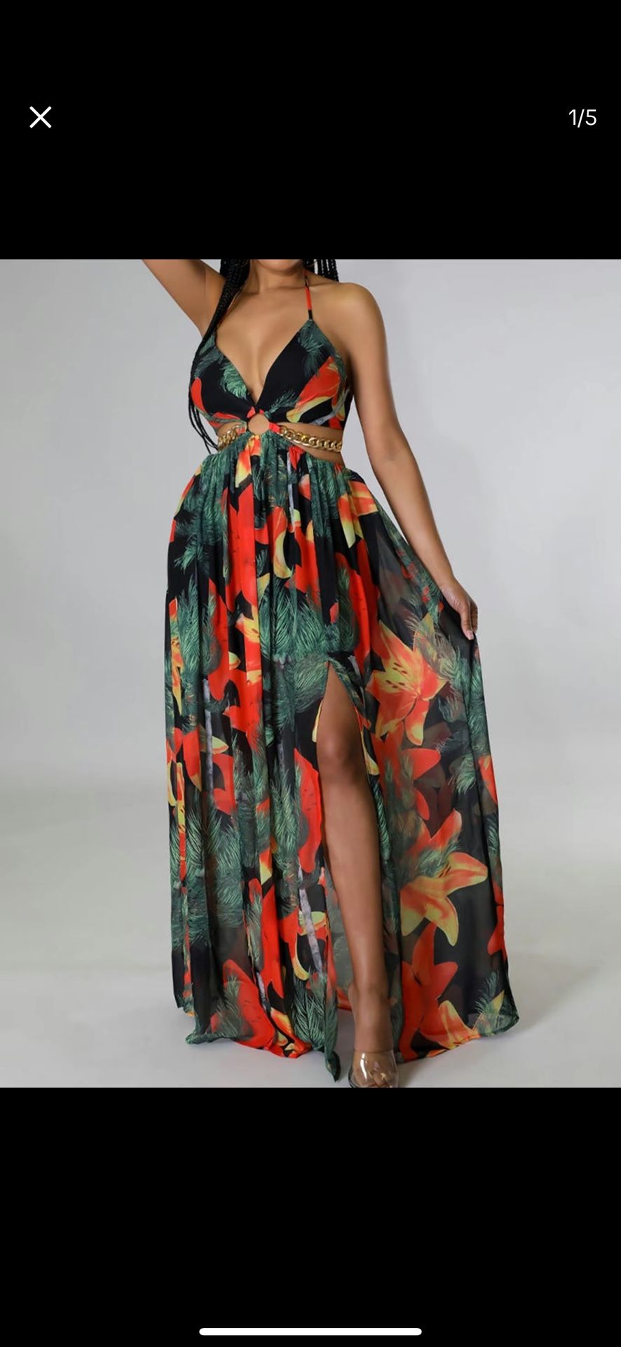 Women's Floral Print Ring Linked Backless • Split Thigh • Gold Chain Tie Back Sleeveless Maxi Dress