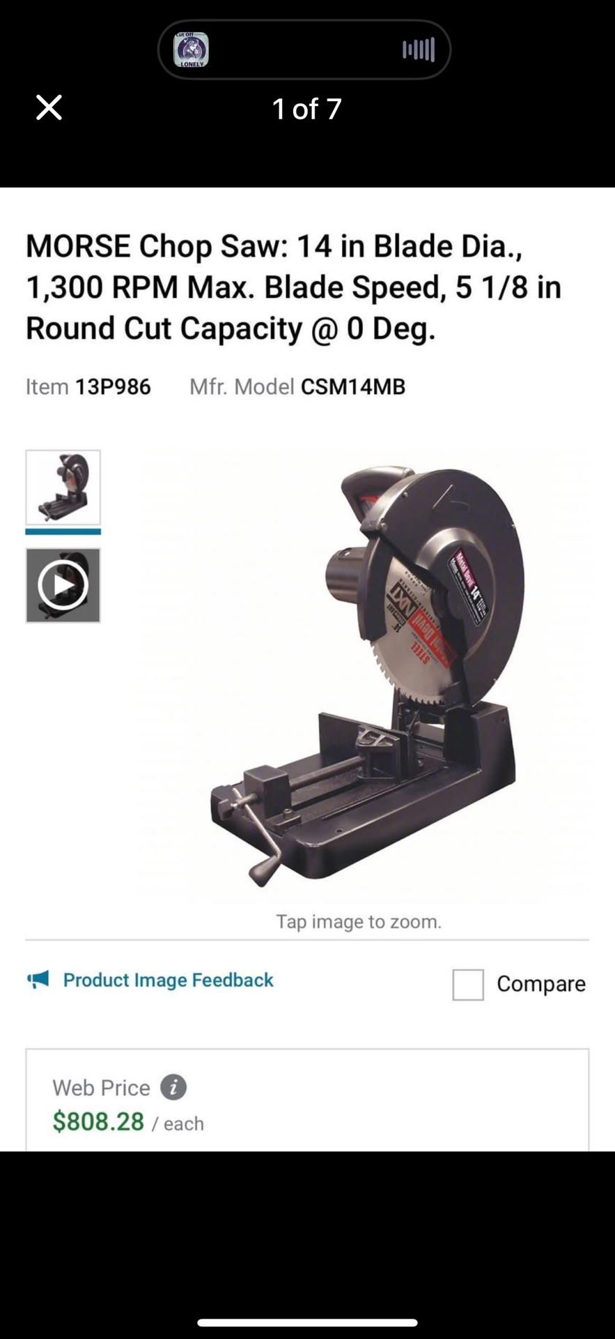 Saw Morse 14 inch blade dia.1300 RPM model CSM14MB