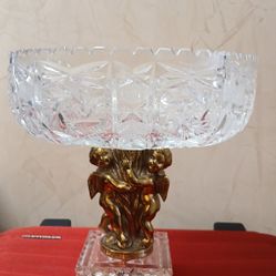 Vintage Cut Crystal bowl 2 Cherubs Brass American  Crystal Corp Japan