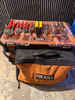 Ridgid drill and ridgid tool boxes w/tools