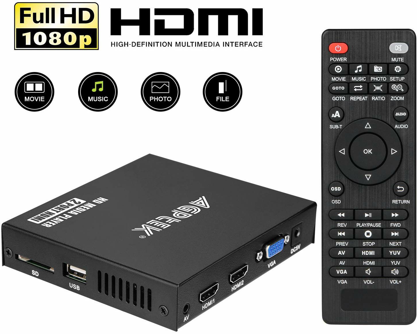 Media Player, 2 HDMI Ports 1080P Full-HD Portable Digital Player, Play Video and Photos with USB Drive/SD