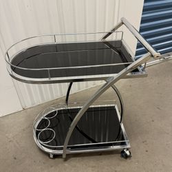 Chrome Metal Bar Wine Tea Serving Cart with Tempered Glass