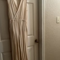 Beige Pleated Wide-Leg Jumpsuit | XS | naia | 53” Long | Deep V-Neck Romper with Pockets