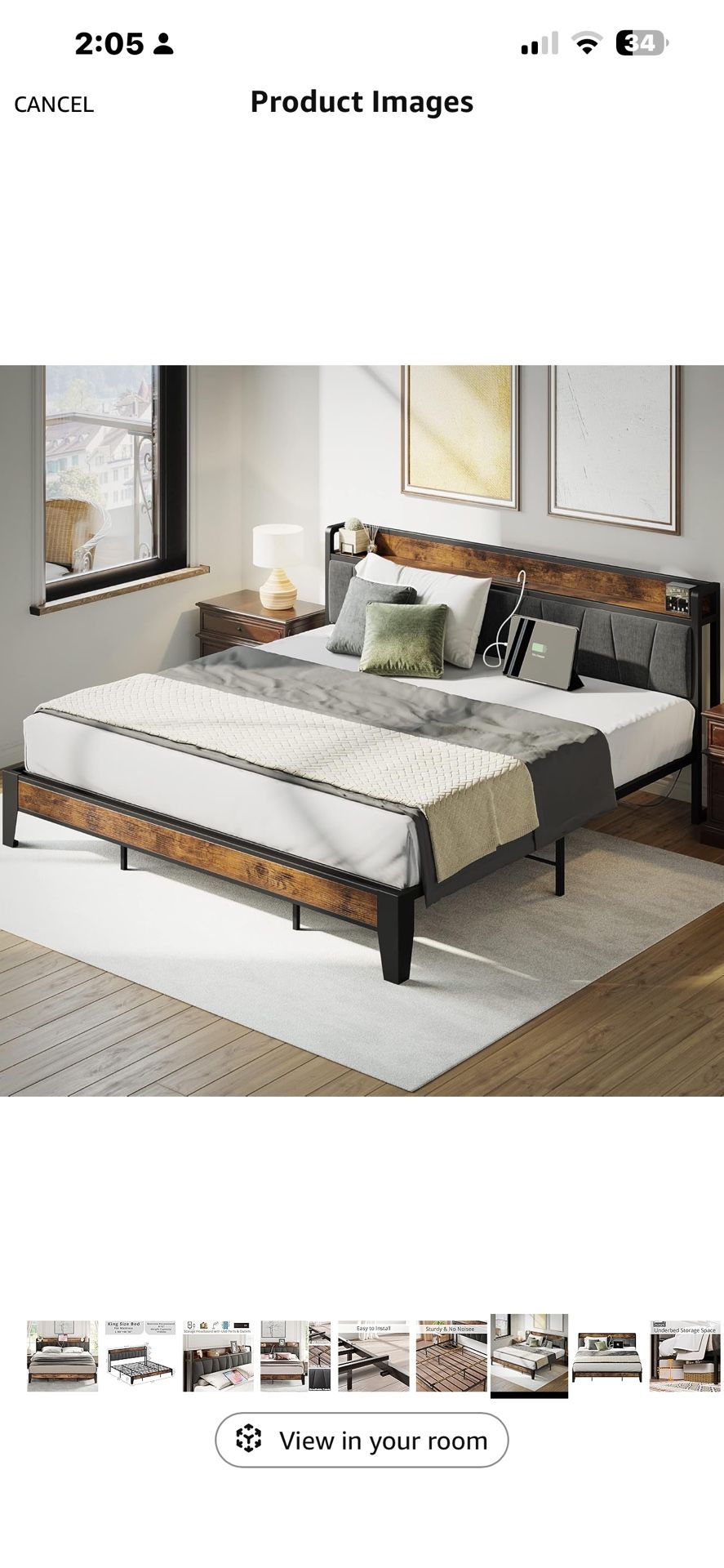 King Size Bed Frame, Storage Headboard with Charging Station, Solid and Stable, Noise Free, No Box Spring Needed