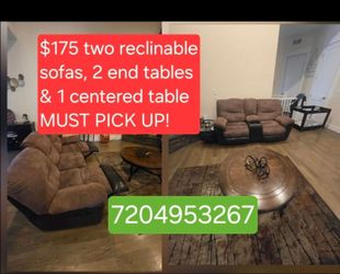 All for $175. good condition 2 sofas reclinables plus 3 used matching tables