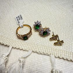 3-Piece Jewelry Set – Gold Plated Green CZ Ring + Cluster Earrings + Cross Studs