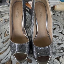 Aldo Shoes Size 8 Berthina Peep Toe Platform High Heel Silver Glitter Sparkle