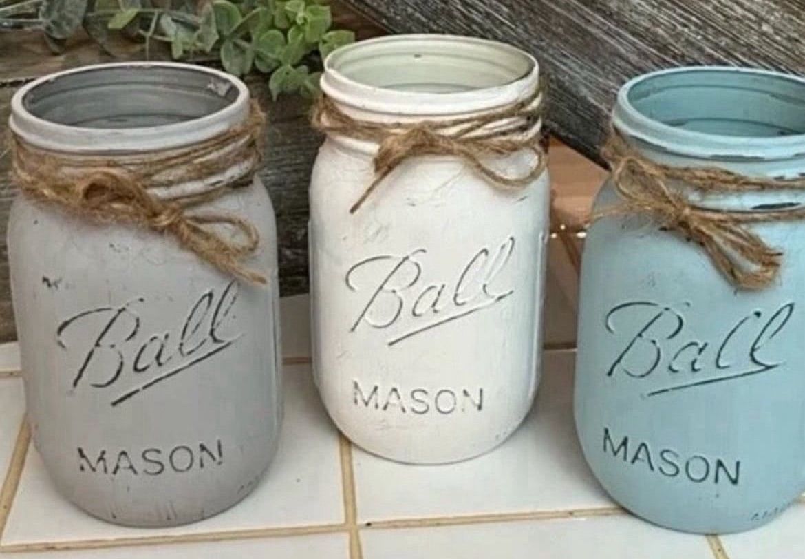 Chalk painted distressed PINT mason jars gift wedding - gray white blue