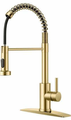 FORIOUS Gold Kitchen Sink Faucet, Pull Down Sprayer, Classic High Arc Lead-Free Stainless Steel, Single Handle Commercial Spring Kitchen Faucets for L
