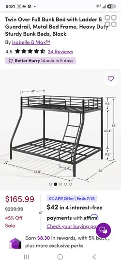 Twin Over Full Bunk Bed for sell. Contact Gloria (contact info removed)