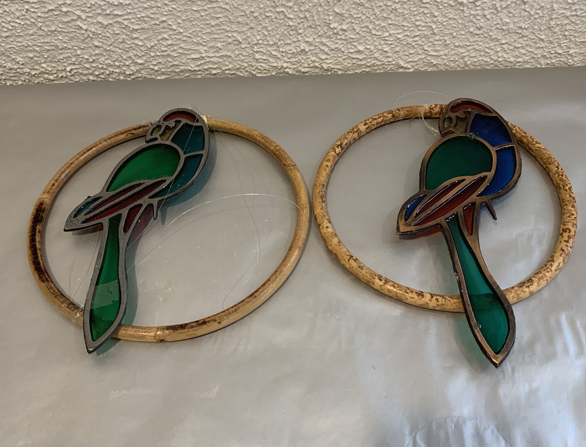 A Pair Of Parrot Sun Catcher Window Art Deco , Cast Iron Stained Glass 1980 Art Glass Cast iron stained glass 1980 art glass deco , the parrot is 9.5