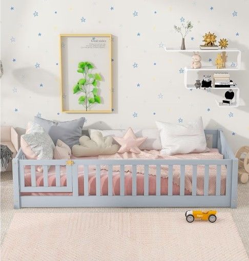 *READ* Twin Size Montessori Floor Bed with Guardrails & Door, Solid Wood Frame with Slats, Gray