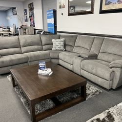 Gray Sofa Sectional w/ Wireless Charger & 3 Power Motion Recliners 