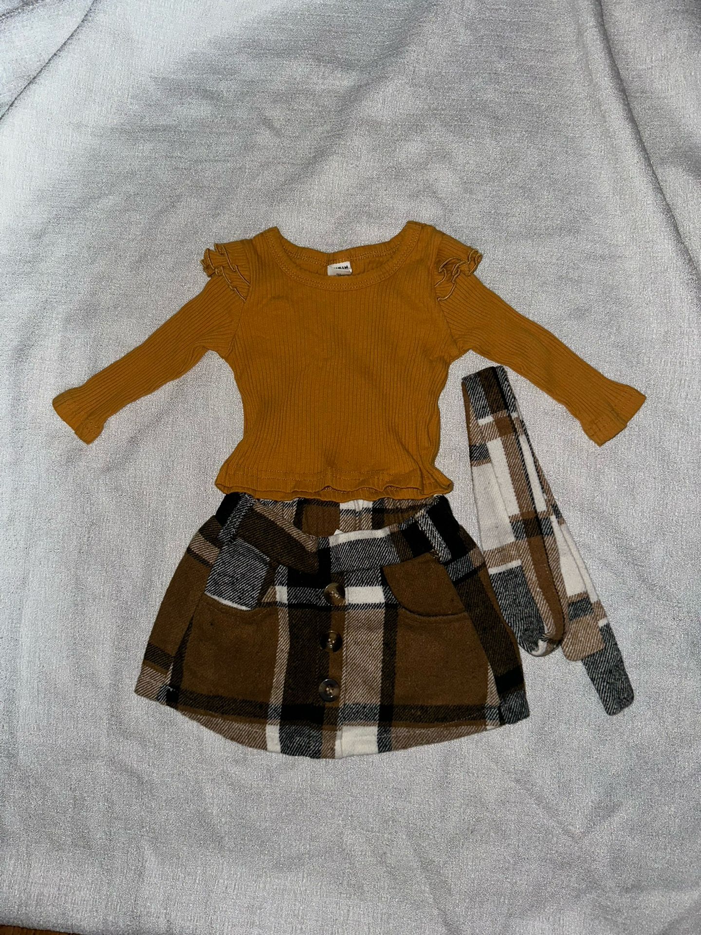SHEIN Baby Girl Beige Brown Flannel Plaid Skirt & Mustard Shirt With Belt 3-6 M