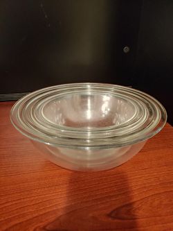 3 Pyrex glass bowls. 10", 8", 6"