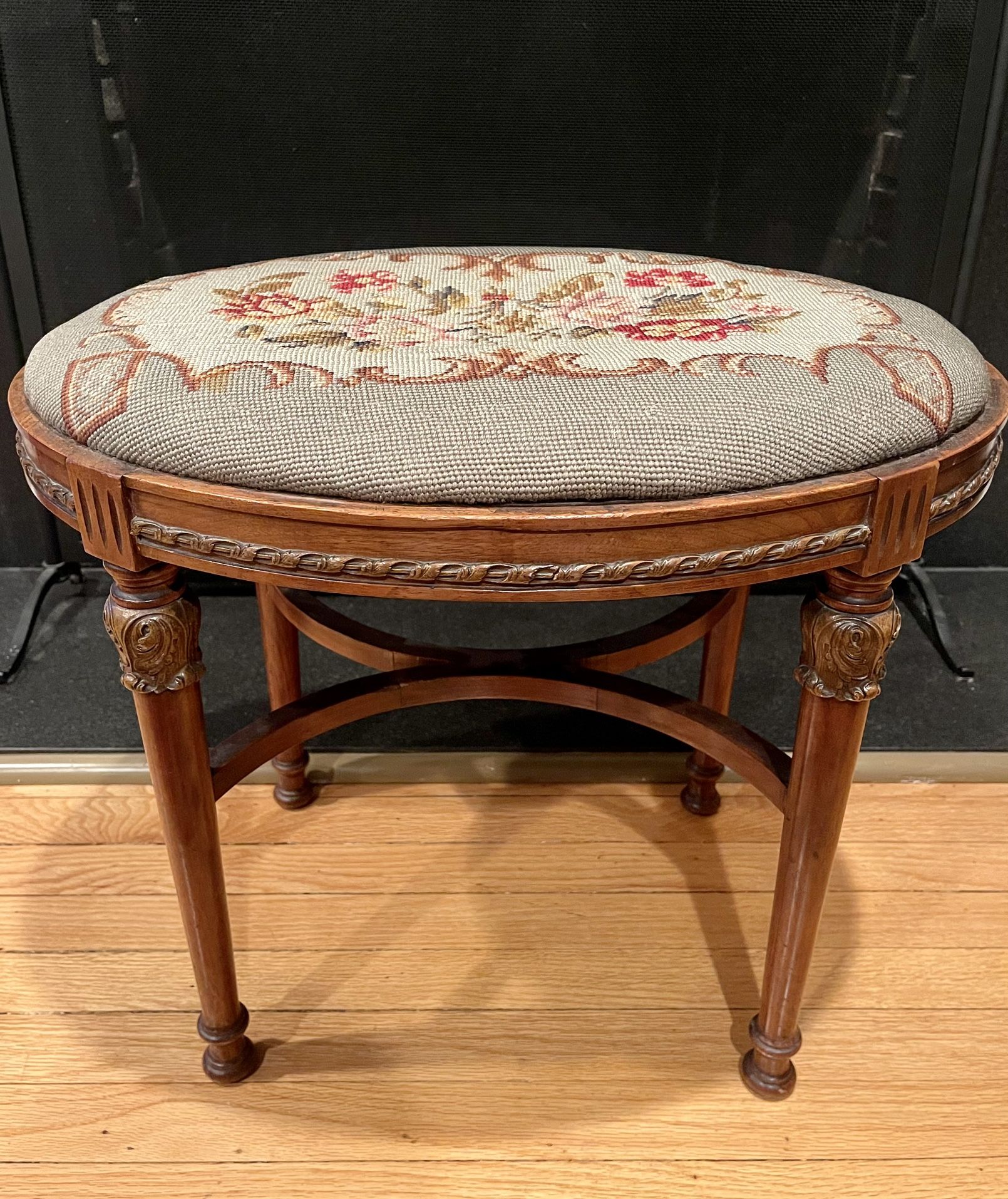 Antique Needlepoint and Wood Oval Footstool (available if listed)