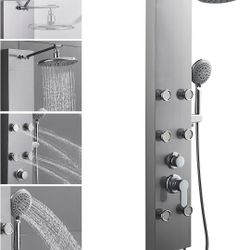 Stainless Steel Shower Panels System with 8-inch Rainfall Shower, 6 Body Jets and 5-Setting Handheld