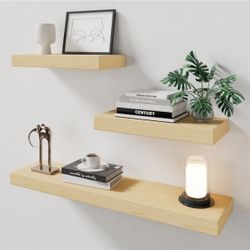 NEW - White Oak Floating Shelf Set of 3 for Wall, 2 Inch Thick Wood Floating Shelves Wall Mounted, 8 Inch Deep Shelf for Kitchen Living Room Bathroom 