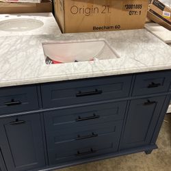 Home Decorators Collection Tarbot 48 in. W x 22 in. D x 34 in. H Single Sink Bath Vanity in Midnight Blue with Carrara Marble Top with Outlet