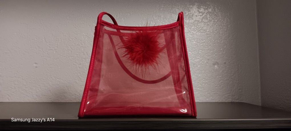 ✨ Victoria’s Secret Red Clear Tote Bag with Fluffy Pom Pom Charm ✨
