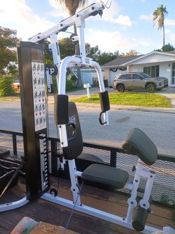 Marcy Home Gym Workout Station with Curl Pad, Lat Pulldown, Leg Developer & Weights, White