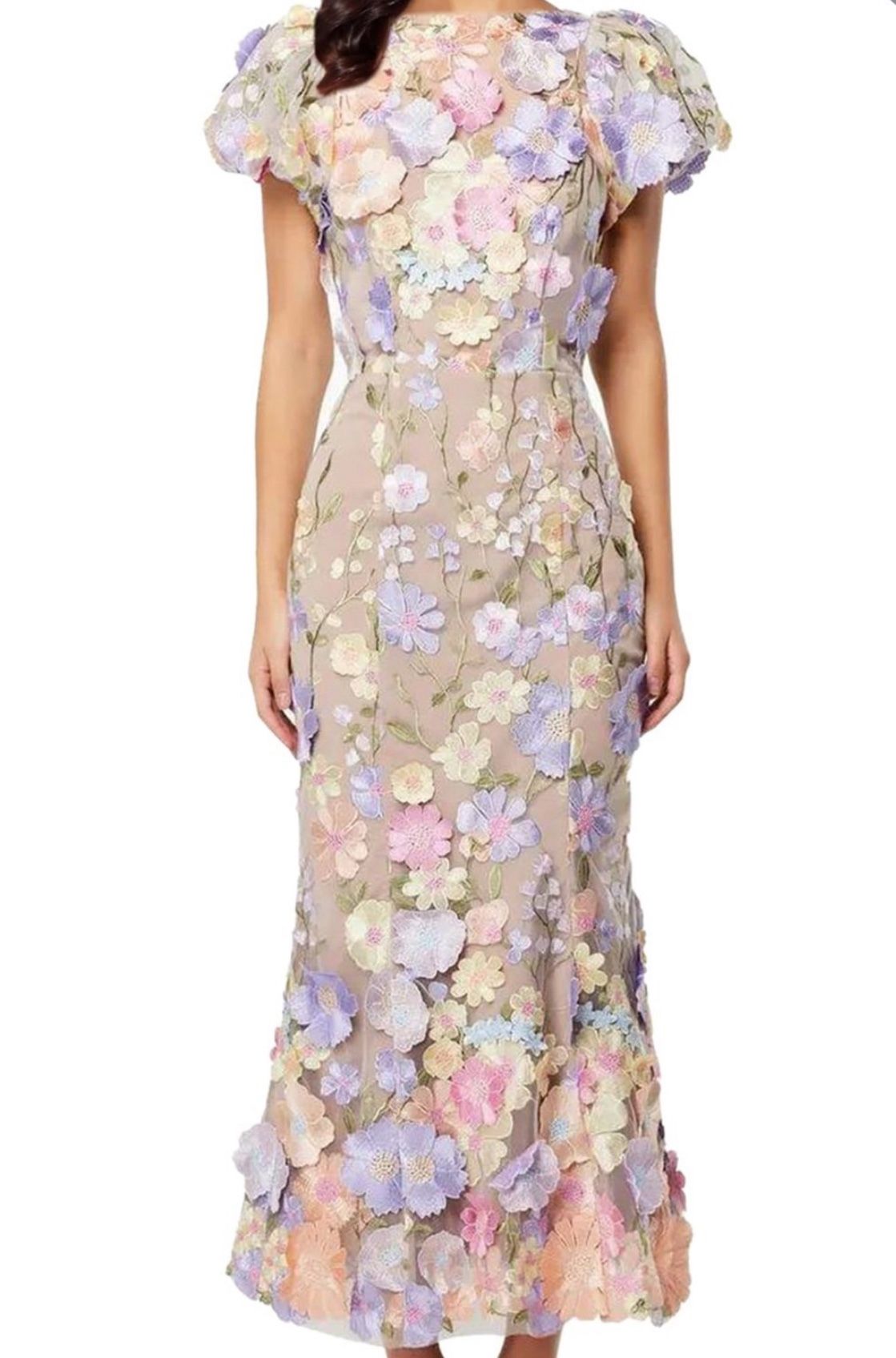 NeeMee Women's 3D Floral Embroidery Dress Ruffle Sleeve Fishtail Lace Bodycon