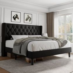 King Size Bed Frame with Diamond Button Tufted Wingback Headboard, Upholstered Platform Bed Frame with Strong Wood Slat Support, No Box Spring Needed,
