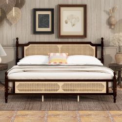 Haldor King Size Wood Platform Bed with Rattan Headboard and Footboard