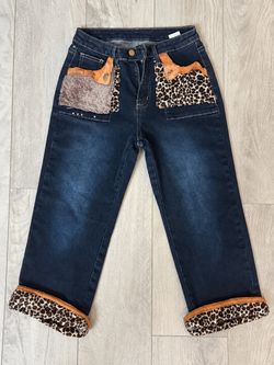 ROMWE Y2K Leopard Faux Fur Capri Jeans Size S Low Rise Gyaru Patchwork Denim