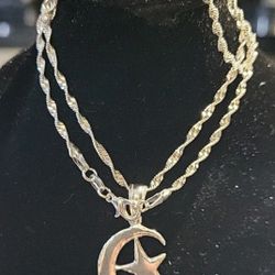 New 925 Sterling Silver Half Moon,Star Twisted Necklace Pendant 22"