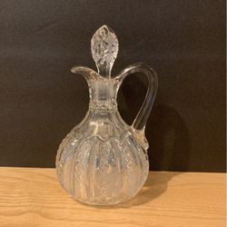 Vintage Ornate Ridged Clear Cut Glass Oil Vinegar Cruet Bottle With Stopper 6 1/2” X 4” L4