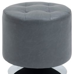 Swivel Foot Stool Round PU Ottoman with Thick Sponge Padding and Solid Steel Base, Grey
