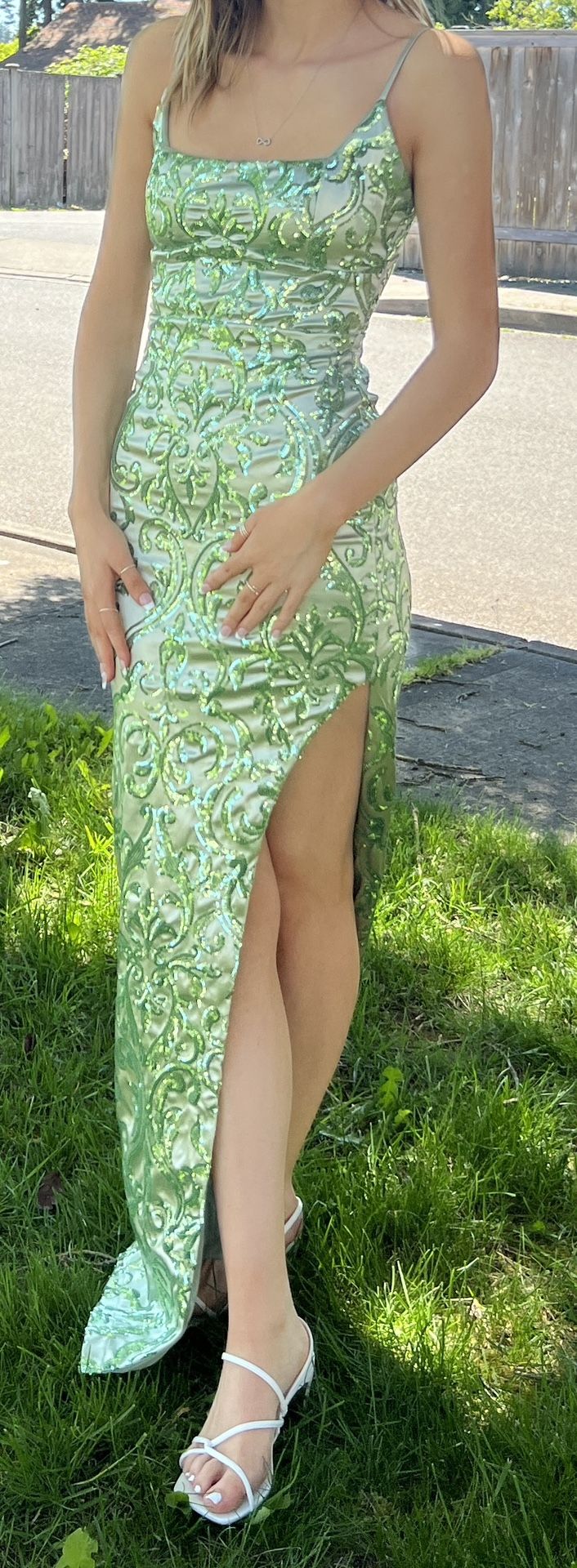 Green Sequin slit long formal dress