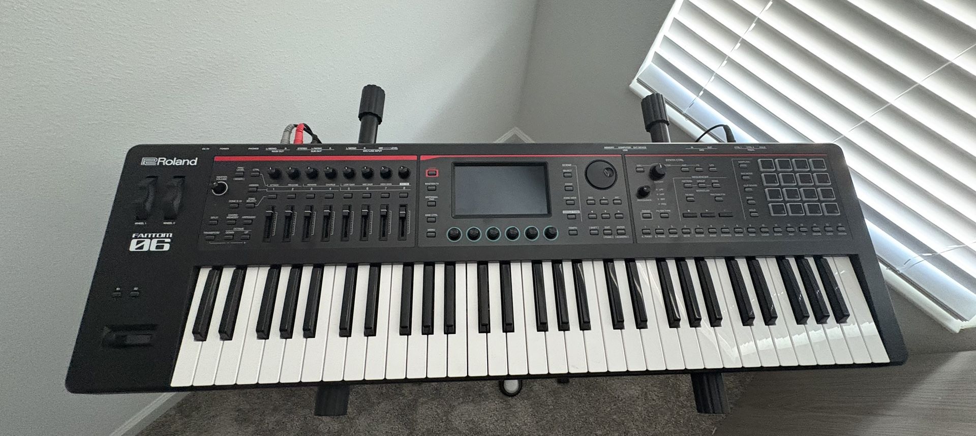 Fantom 06 keyboard Synthesizer, Pad, Stand, And Studio Monitors