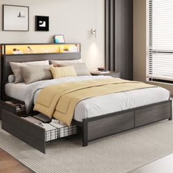New Queen Bed Base with Charging Station and LED Lights, Metal Bed Frame with 4 Storage Drawers and Headboard, No Box Spring Needed, Easy Assembly, No