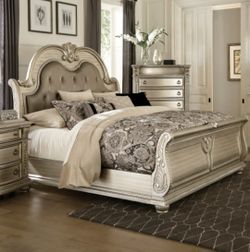 Silver Sleigh Bed with Tufted Headboard
