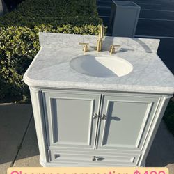 36”white single sink bathroom vanity with carrara white marble stone top