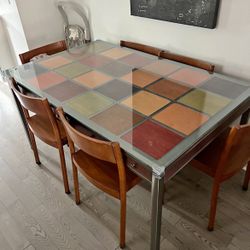 Mid-Century Modern Dining Table – Metal & Wood Inlay Top